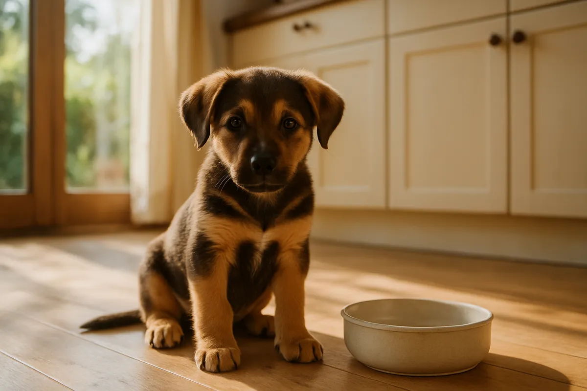 Aufmerksamer junger Hund sitzt neben seinem Napf auf hellem Boden